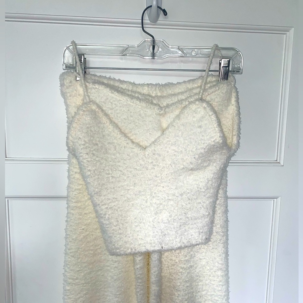 garage white fuzzy pant/tank set!!!!!